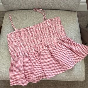 American Eagle Red and White Gingham Smocked Ruffle Crop Top